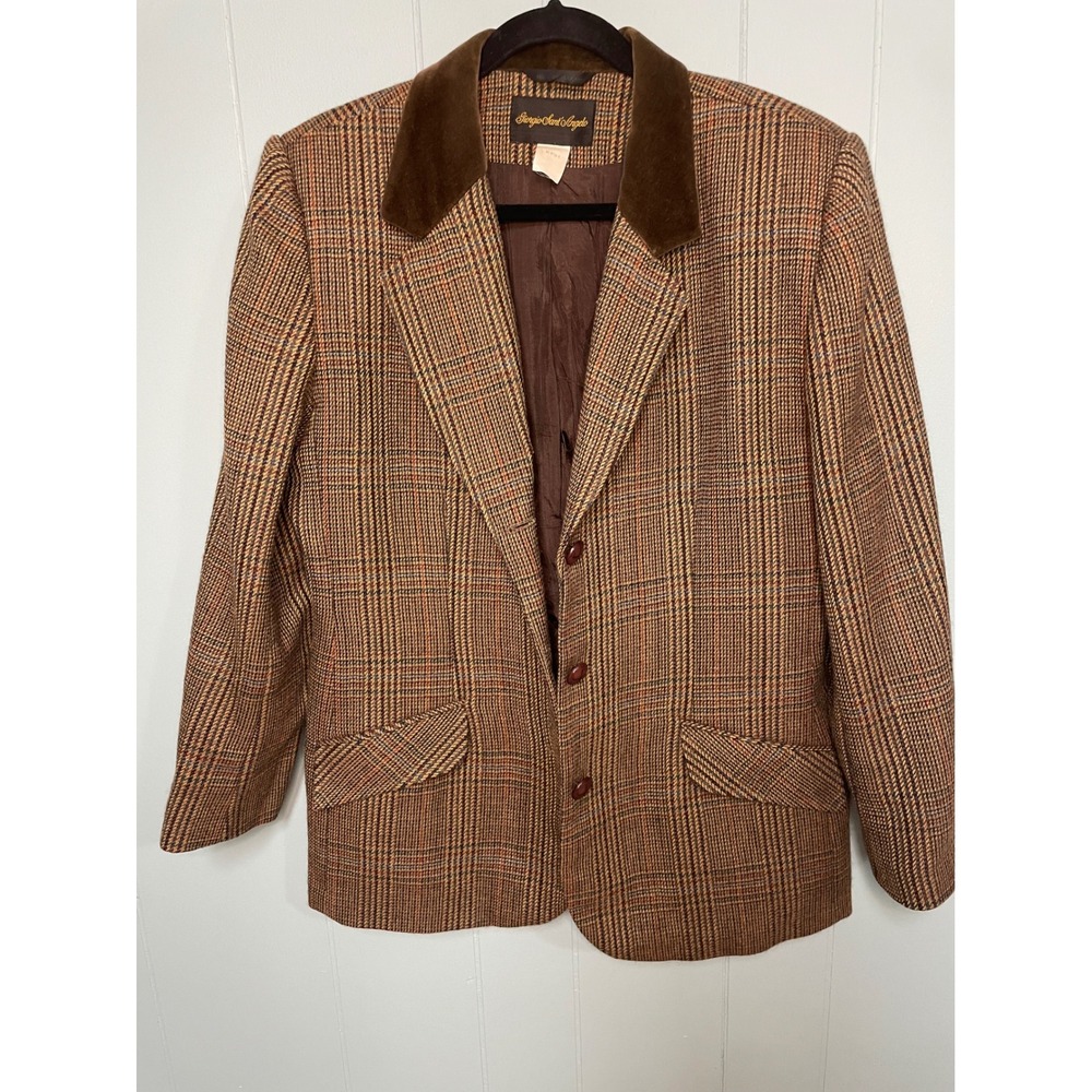Giorgio Sant'Angelo Blazer Womens L Brown Plaid 100% Wool Vintage 80s